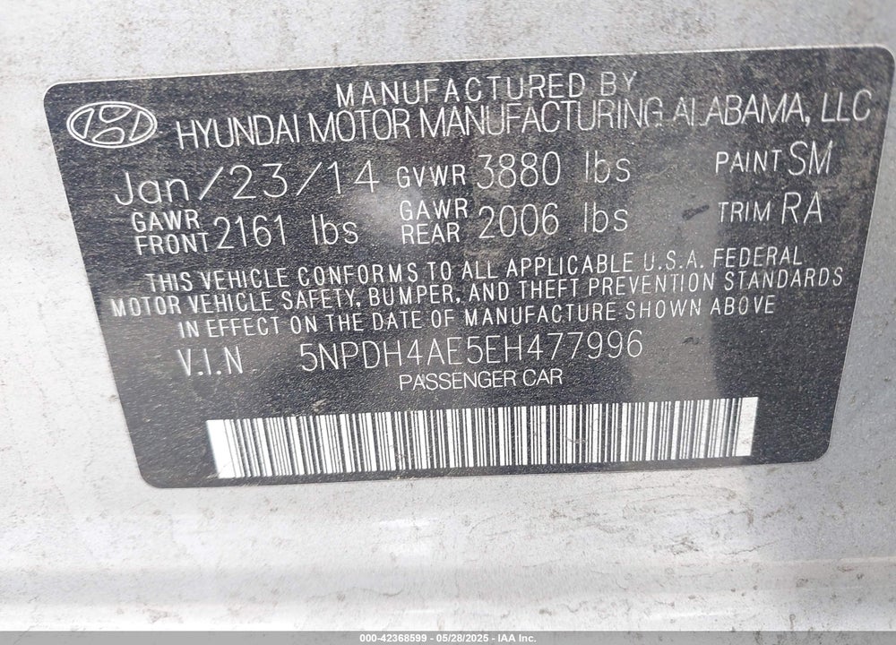 2014 HYUNDAI ELANTRA SE VIN: 5NPDH4AE5EH477996