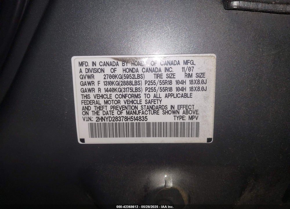 2008 ACURA MDX VIN: 2HNYD28378H514835
