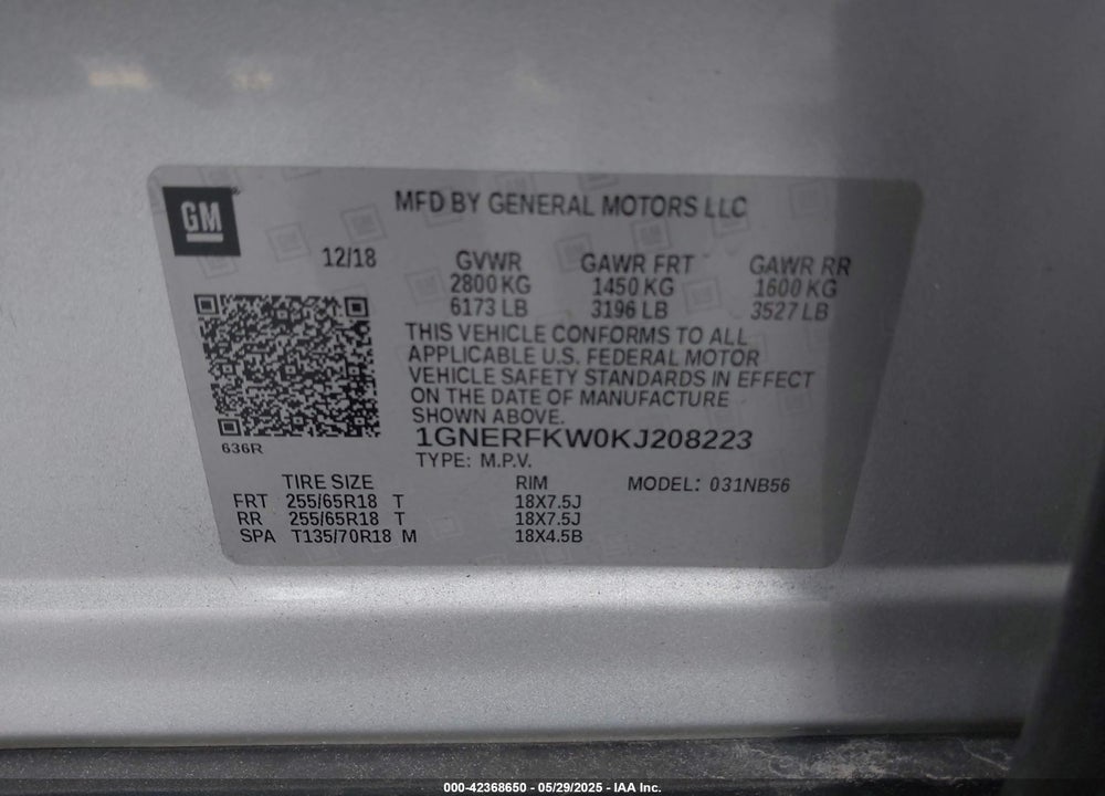 2019 CHEVROLET TRAVERSE VIN: 1GNERFKW0KJ208223