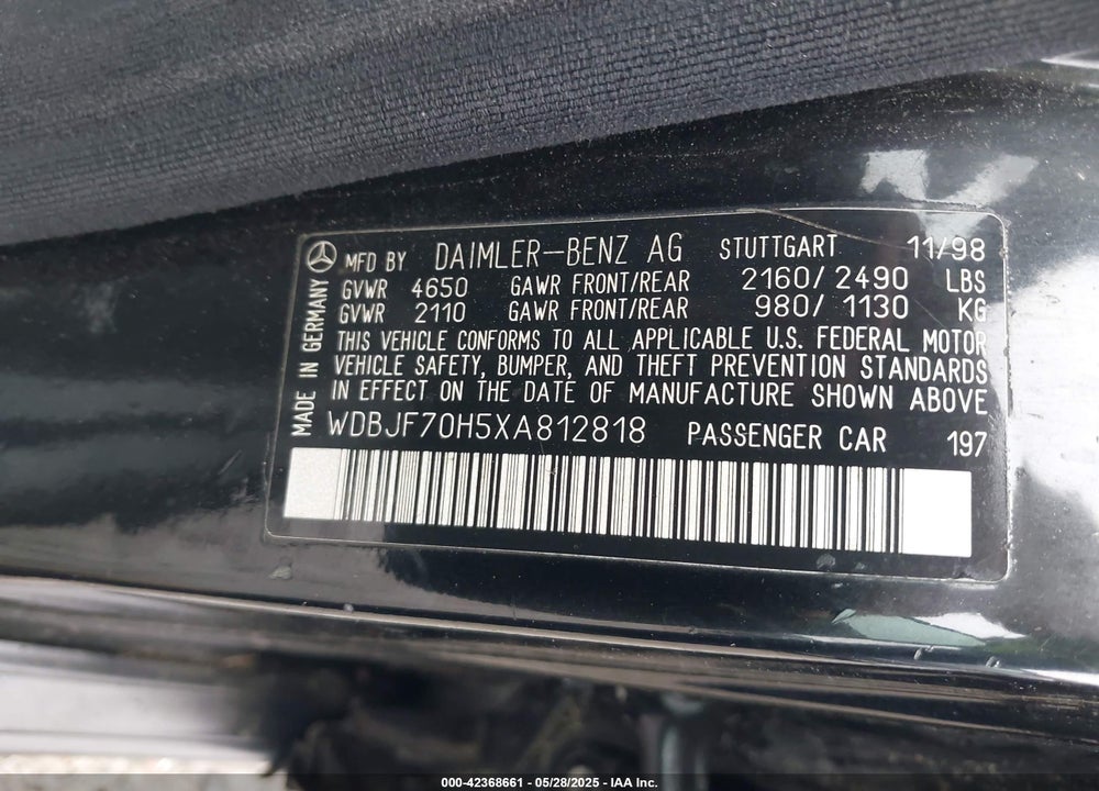 1999 MERCEDES-BENZ E 430 VIN: WDBJF70H5XA812818