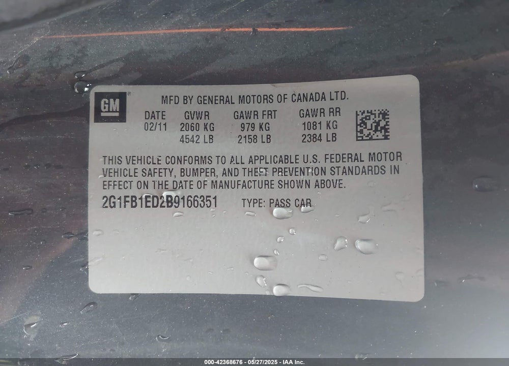 2011 CHEVROLET CAMARO 1LT VIN: 2G1FB1ED2B9166351