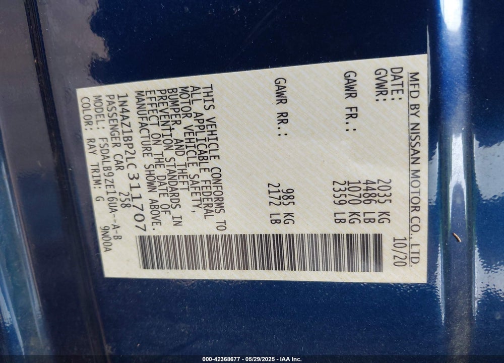 2020 NISSAN LEAF S 40 KWH VIN: 1N4AZ1BP2LC311707