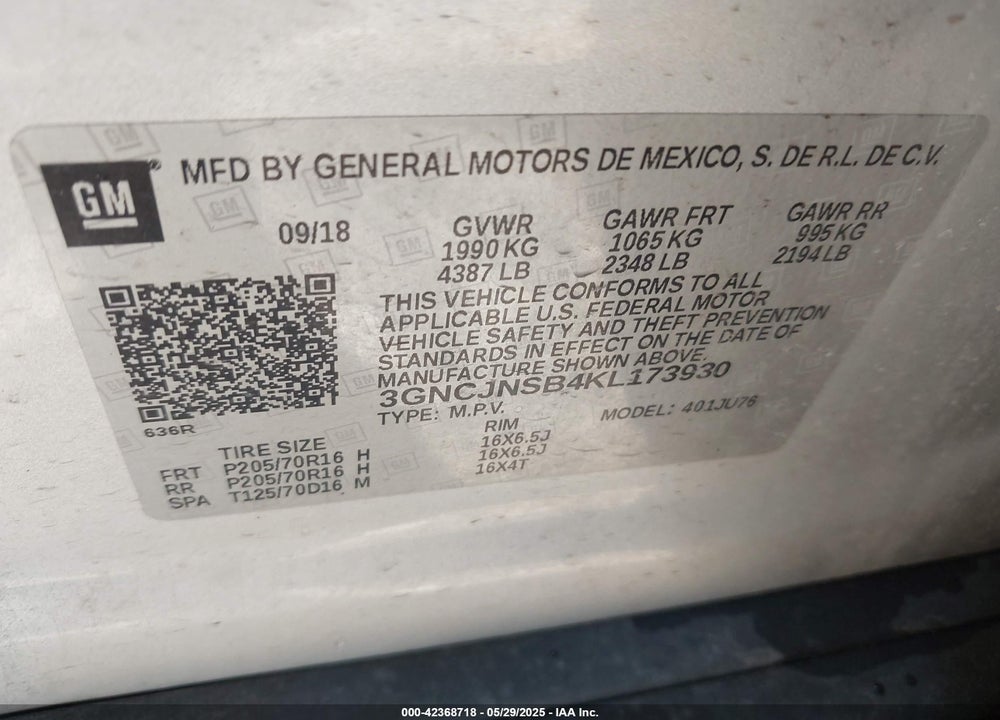 2019 CHEVROLET TRAX VIN: 3GNCJNSB4KL173930