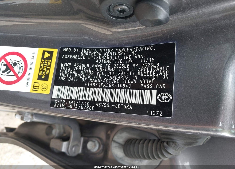 2016 TOYOTA CAMRY XLE VIN: 4T4BF1FK5GR540843