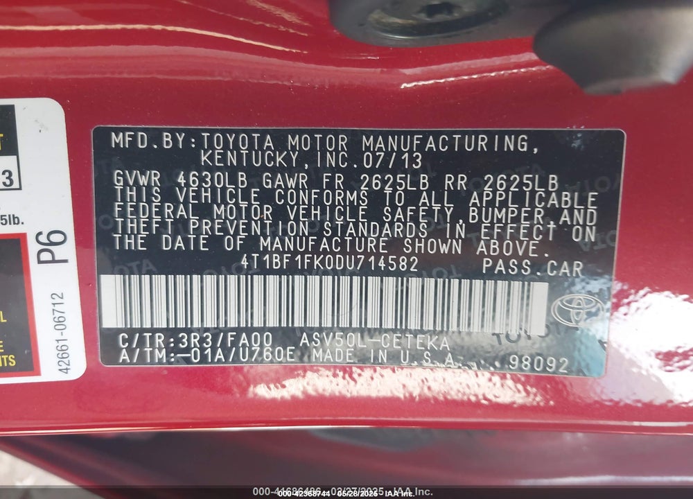 2013 TOYOTA CAMRY VIN: 4T1BF1FK0DU714582