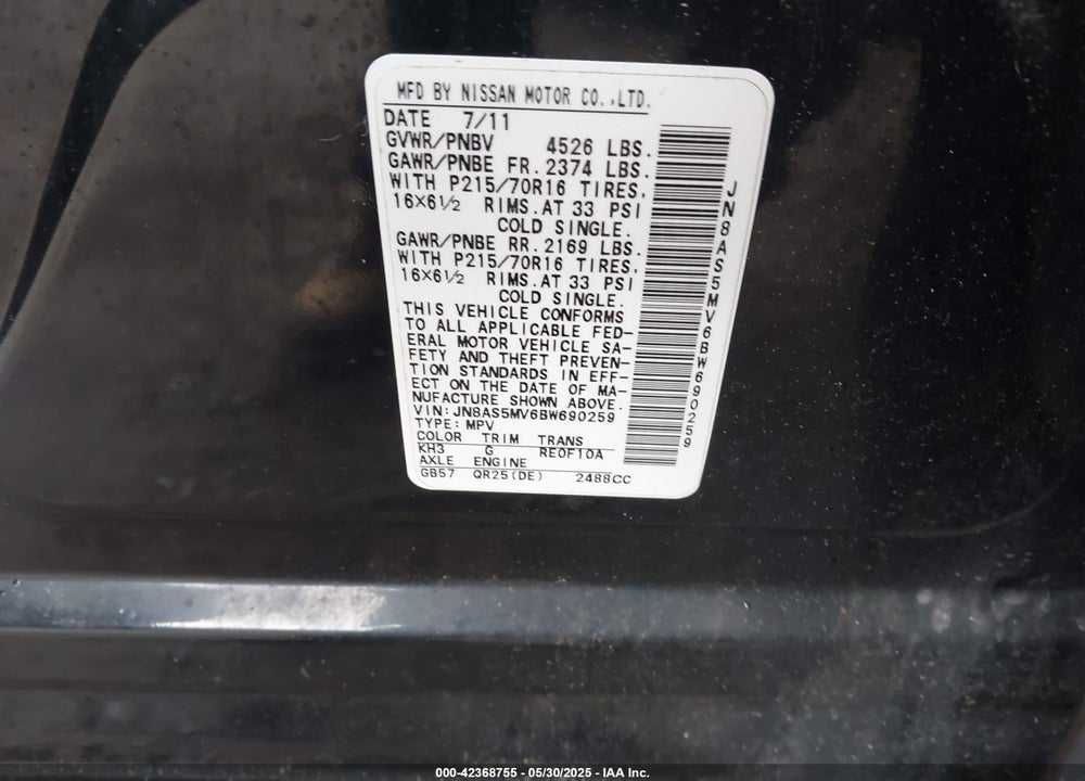 2011 NISSAN ROGUE S VIN: JN8AS5MV6BW690259