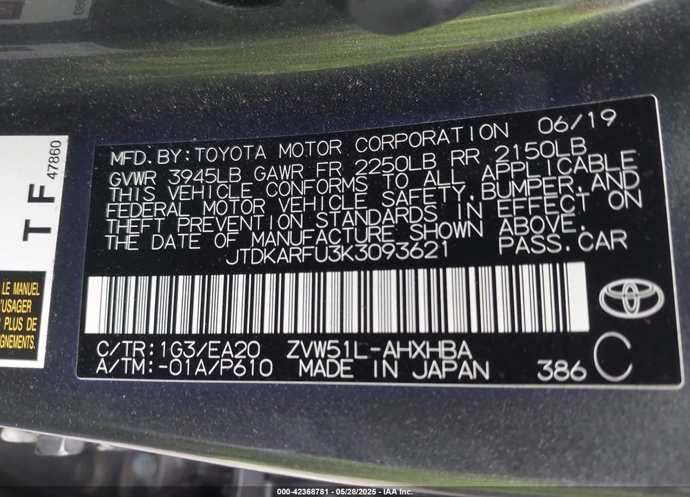 2019 TOYOTA PRIUS XLE VIN: JTDKARFU3K3093621