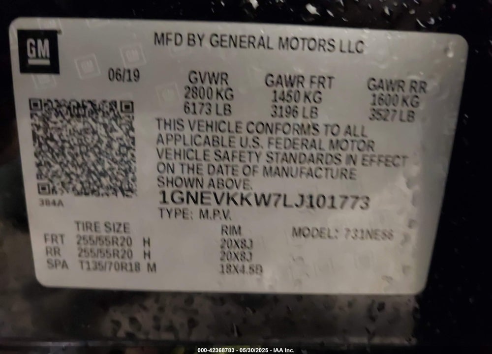 2020 CHEVROLET TRAVERSE VIN: 1GNEVKKW7LJ101773