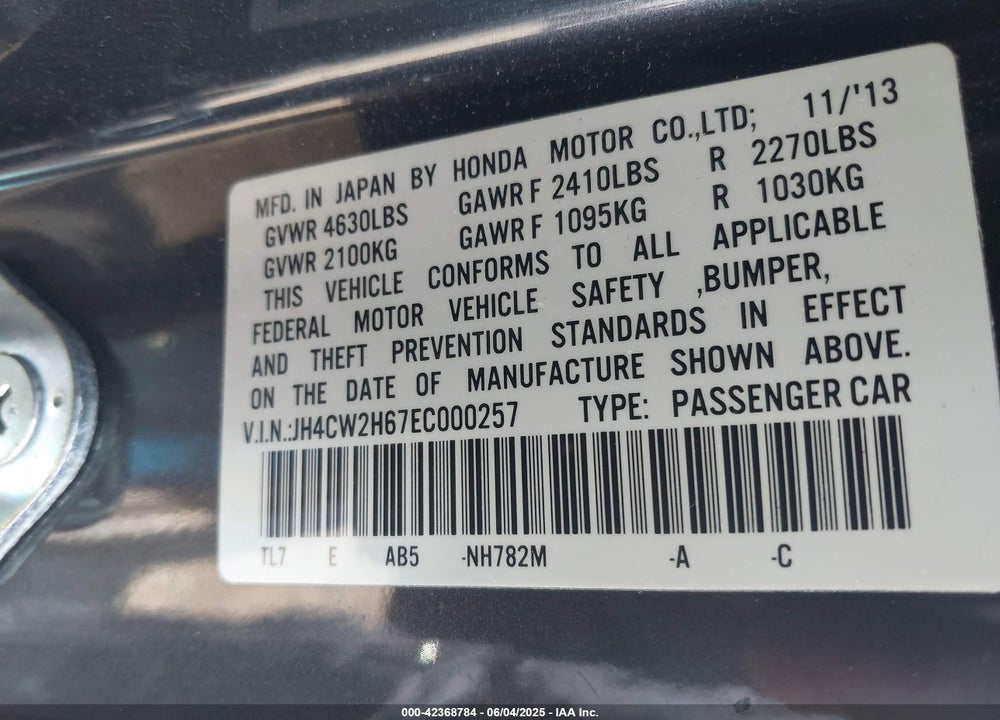 2014 ACURA TSX VIN: JH4CW2H67EC000257