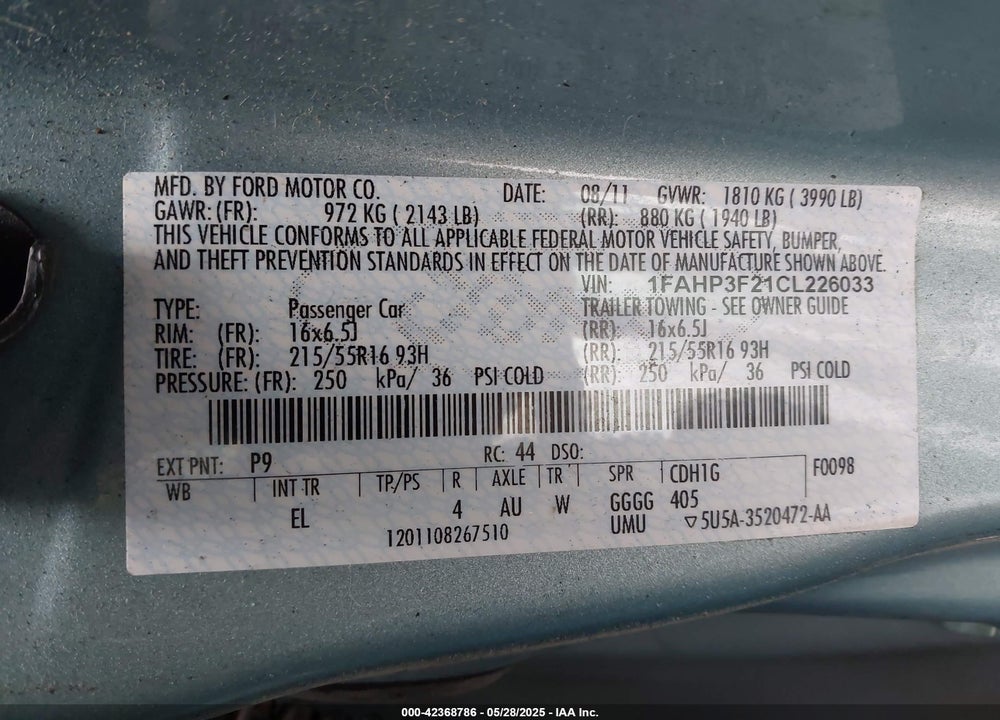 2012 FORD FOCUS VIN: 1FAHP3F21CL226033