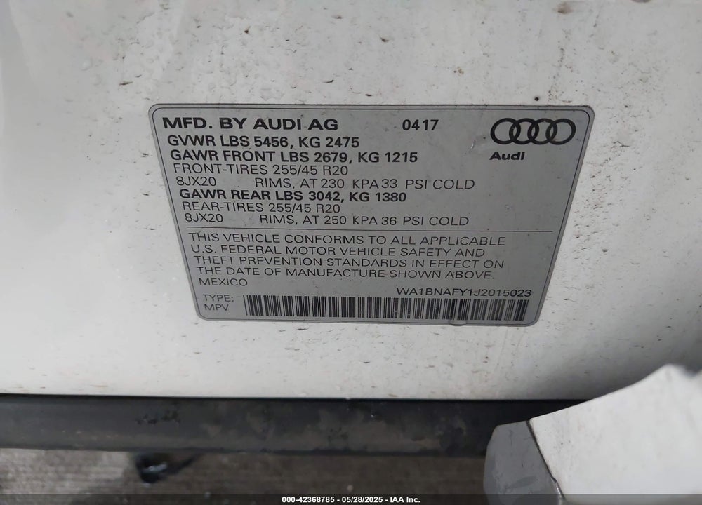 2018 AUDI Q5 2.0T PREMIUM/2.0T TECH PREMIUM VIN: WA1BNAFY1J2015023
