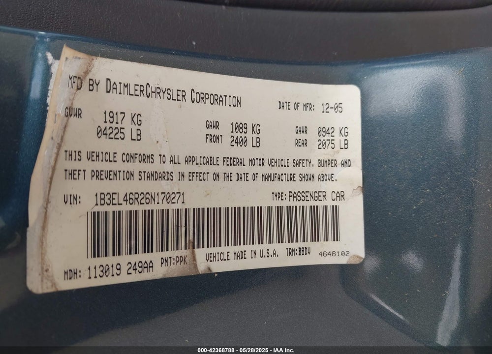 2006 DODGE STRATUS VIN: 1B3EL46R26N170271