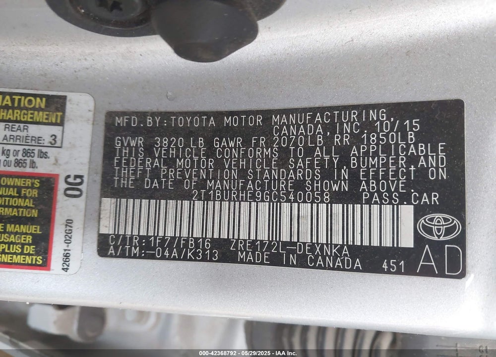 2016 TOYOTA COROLLA LE VIN: 2T1BURHE9GC540058