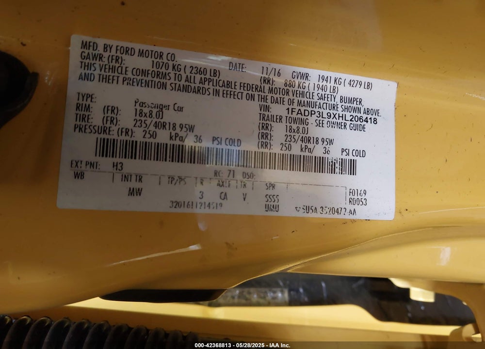 2017 FORD FOCUS VIN: 1FADP3L9XHL206418