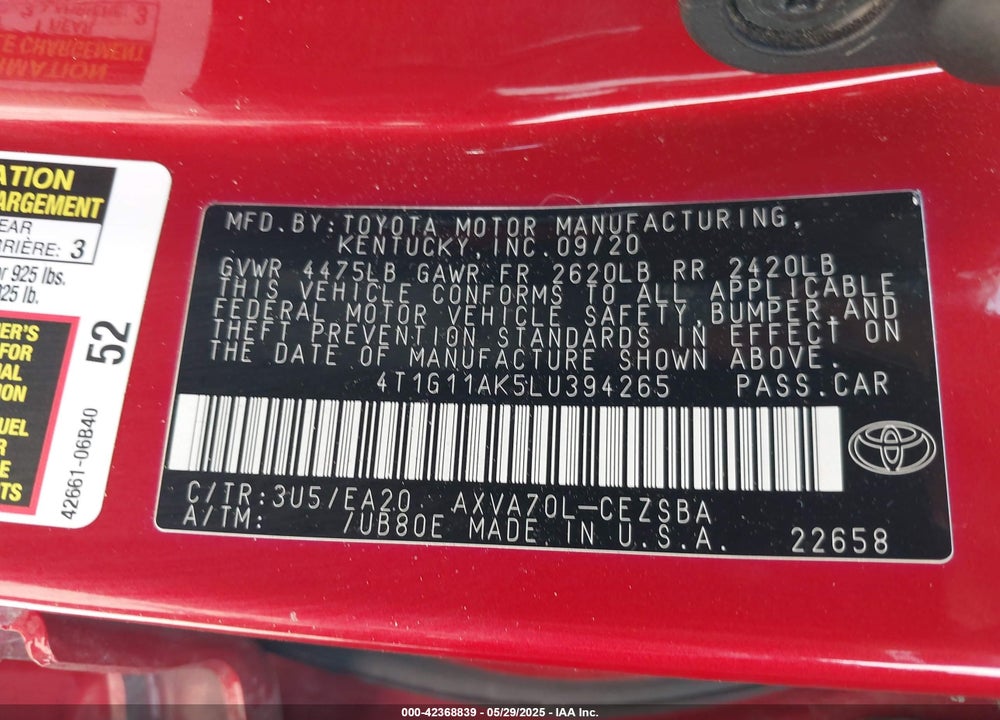 2020 TOYOTA CAMRY VIN: 4T1G11AK5LU394265