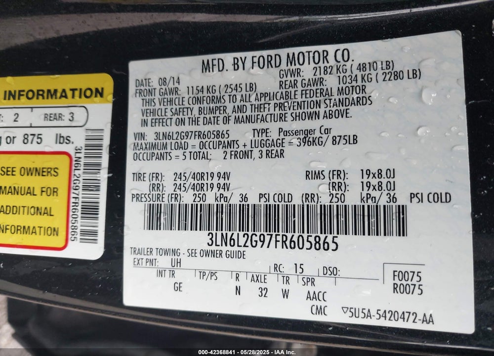 2015 LINCOLN MKZ VIN: 3LN6L2G97FR605865