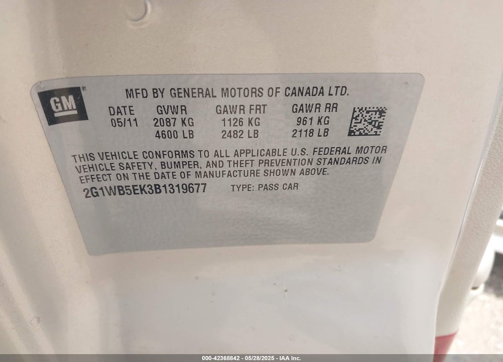 2011 CHEVROLET IMPALA LT VIN: 2G1WB5EK3B1319677