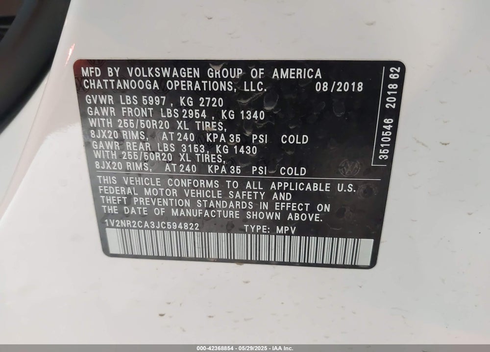2018 VOLKSWAGEN ATLAS VIN: 1V2NR2CA3JC594822