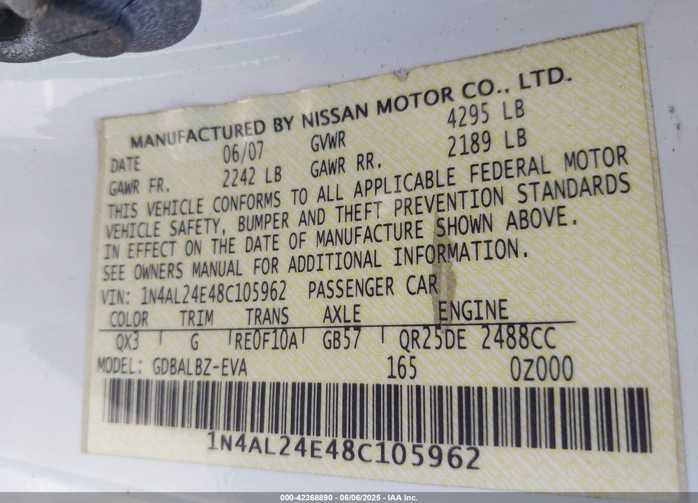 2008 NISSAN ALTIMA VIN: 1N4AL24E48C105962