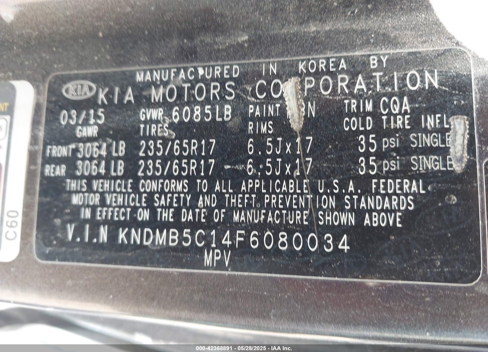2015 KIA SEDONA LX VIN: KNDMB5C14F6080034