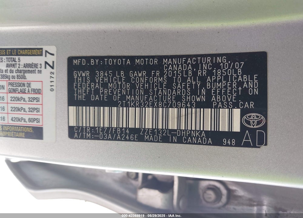 2008 TOYOTA COROLLA MATRIX VIN: 2T1KR32EX8C709643