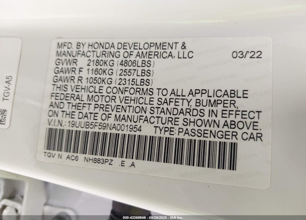 2022 ACURA TLX VIN: 19UUB5F59NA001954