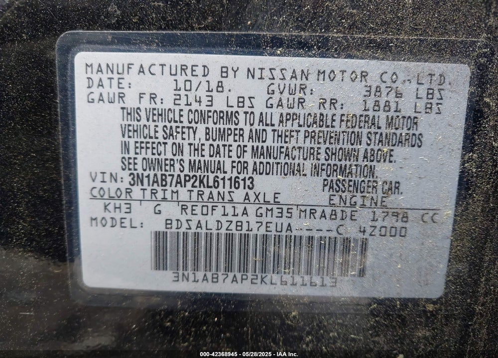 2019 NISSAN SENTRA VIN: 3N1AB7AP2KL611613