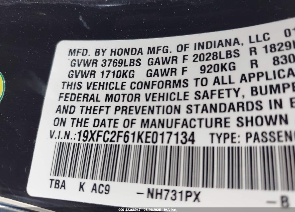 2019 HONDA CIVIC LX VIN: 19XFC2F61KE017134
