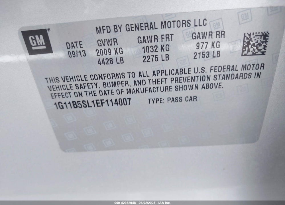 2014 CHEVROLET MALIBU 1LS VIN: 1G11B5SL1EF114007