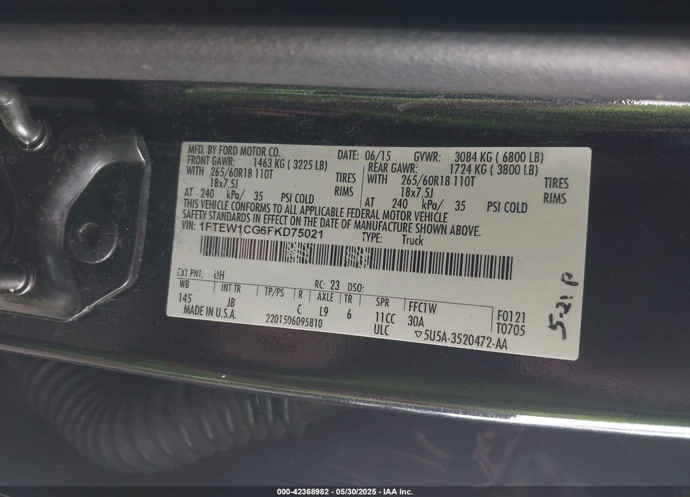 2015 FORD F-150 VIN: 1FTEW1CG6FKD75021