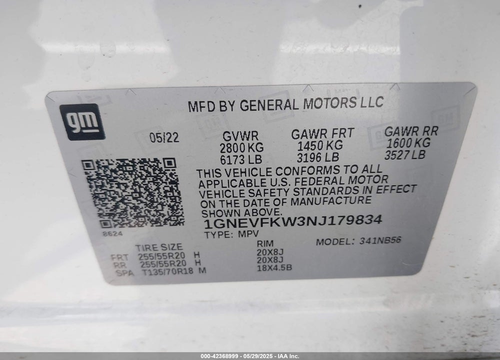 2022 CHEVROLET TRAVERSE VIN: 1GNEVFKW3NJ179834