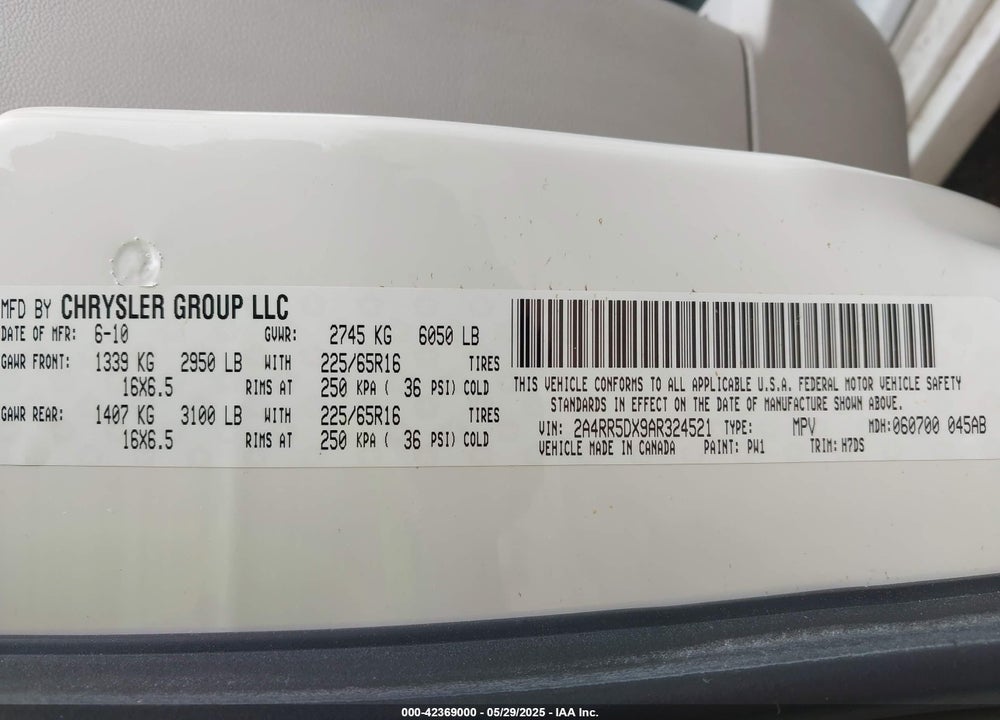 2010 CHRYSLER TOWN & COUNTRY TOURING VIN: 2A4RR5DX9AR324521