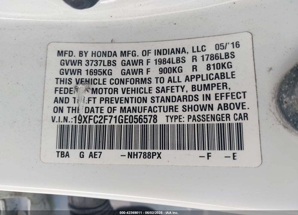 2016 HONDA CIVIC VIN: 19XFC2F71GE056578