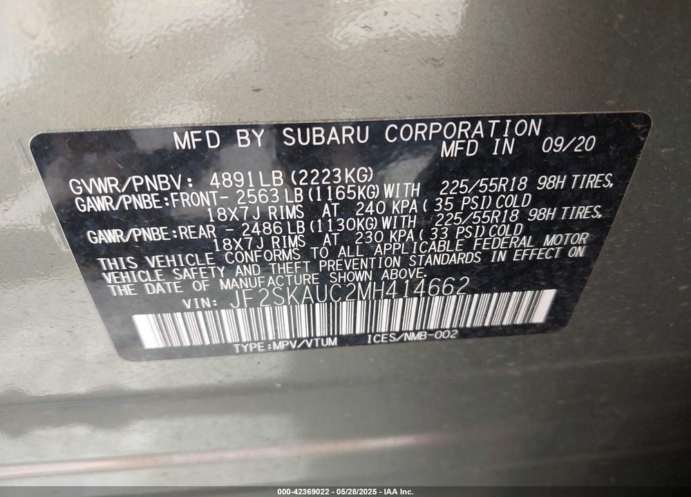 2021 SUBARU FORESTER VIN: JF2SKAUC2MH414662