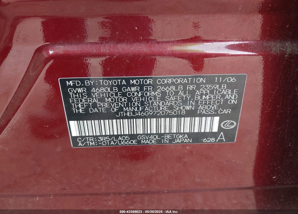 2007 LEXUS ES 350 VIN: JTHBJ46G972075018