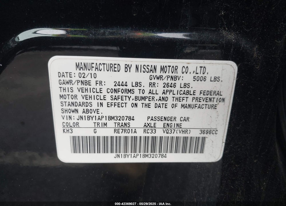 2011 INFINITI M37 VIN: JN1BY1AP1BM320784