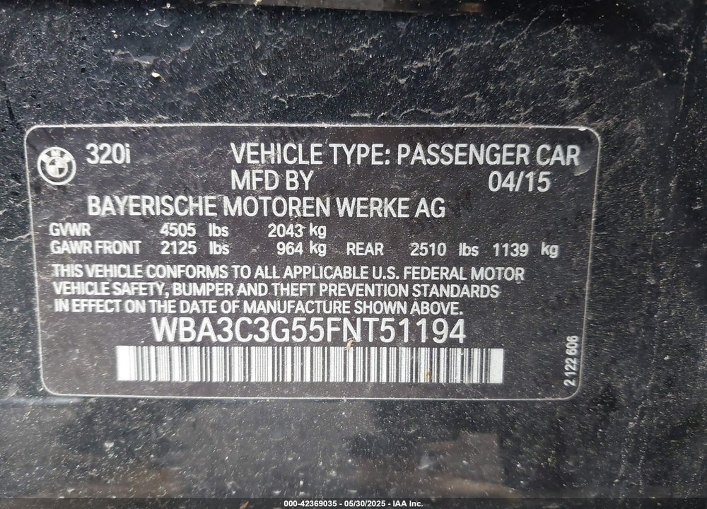 2015 BMW 320 VIN: WBA3C3G55FNT51194