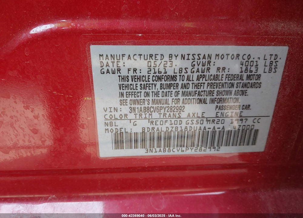 2023 NISSAN SENTRA SV XTRONIC CVT VIN: 3N1AB8CV6PY282992
