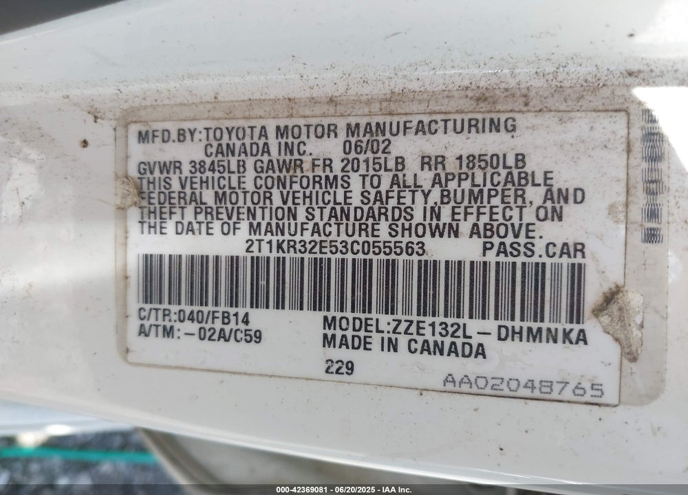 2003 TOYOTA MATRIX/XR VIN: 2T1KR32E53C055563