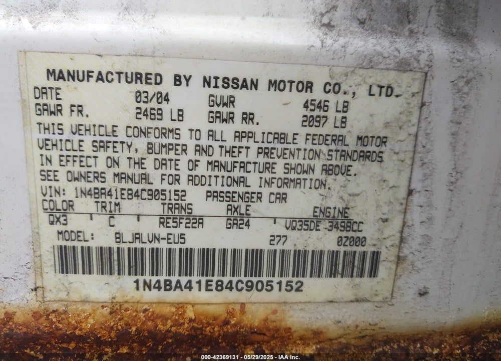 2004 NISSAN MAXIMA 3.5 SL VIN: 1N4BA41E84C905152