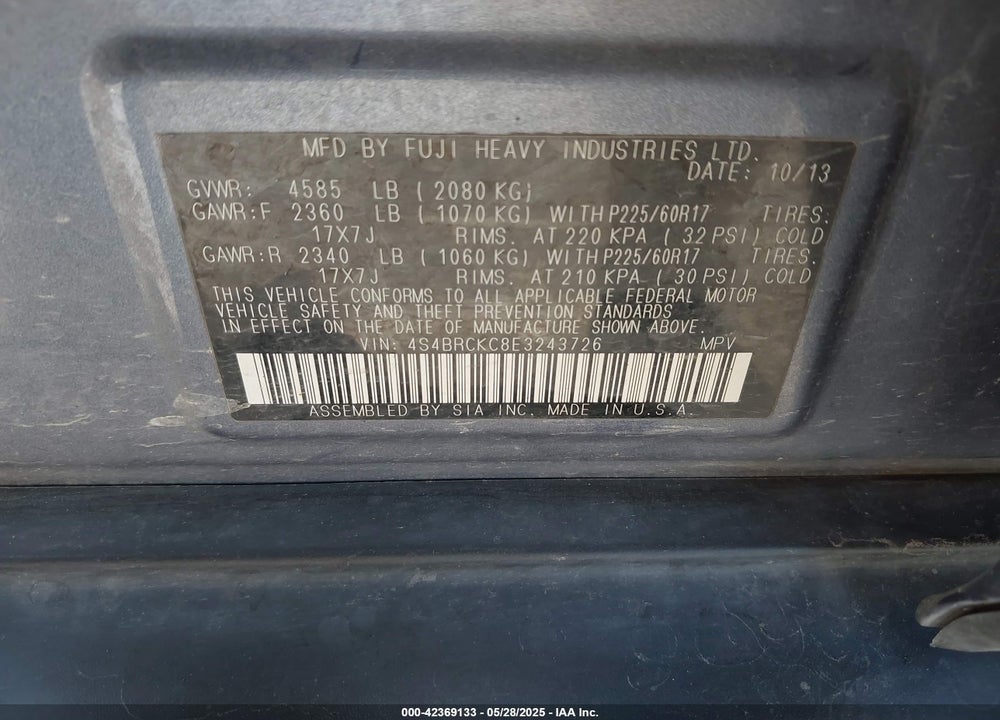 2014 SUBARU OUTBACK VIN: 4S4BRCKC8E3243726