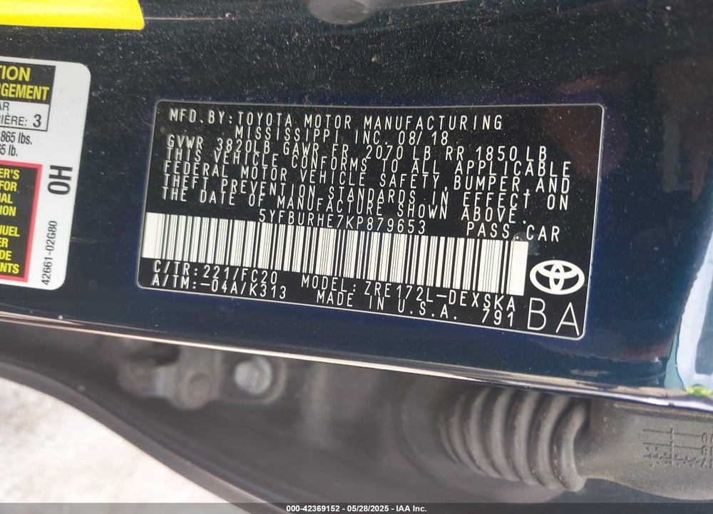 2019 TOYOTA COROLLA VIN: 5YFBURHE7KP879653