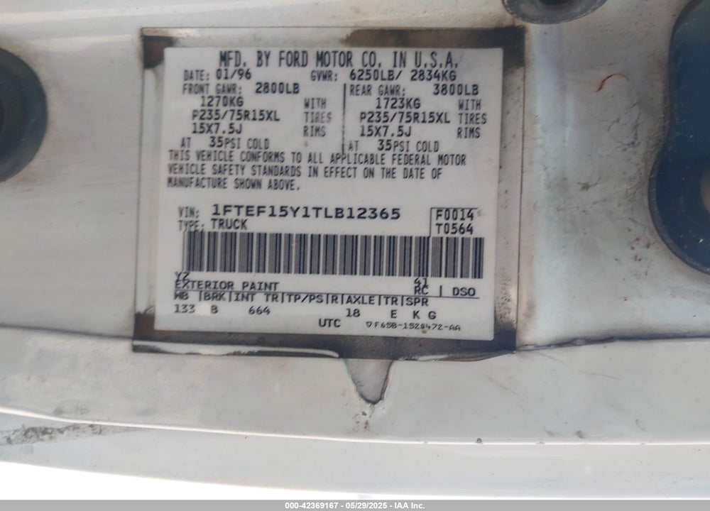 1996 FORD F150 VIN: 1FTEF15Y1TLB12365