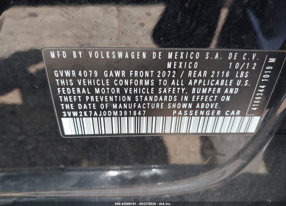2013 VOLKSWAGEN JETTA VIN: 3VW2K7AJ0DM391847