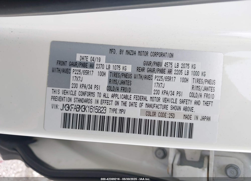 2019 SPORT MAZDA CX-5 VIN: JM3KFABM3K1615823