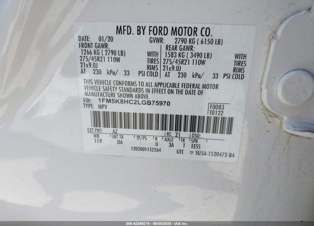 2020 FORD EXPLORER VIN: 1FM5K8HC2LGB75970