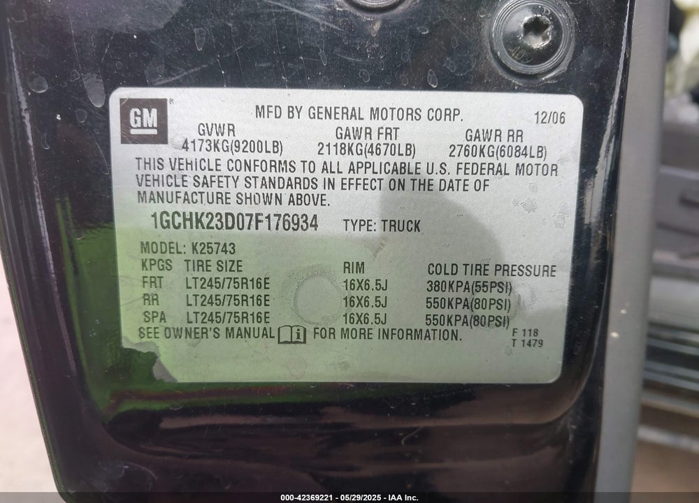 2007 CHEVROLET SILVERADO 2500HD VIN: 1GCHK23D07F176934