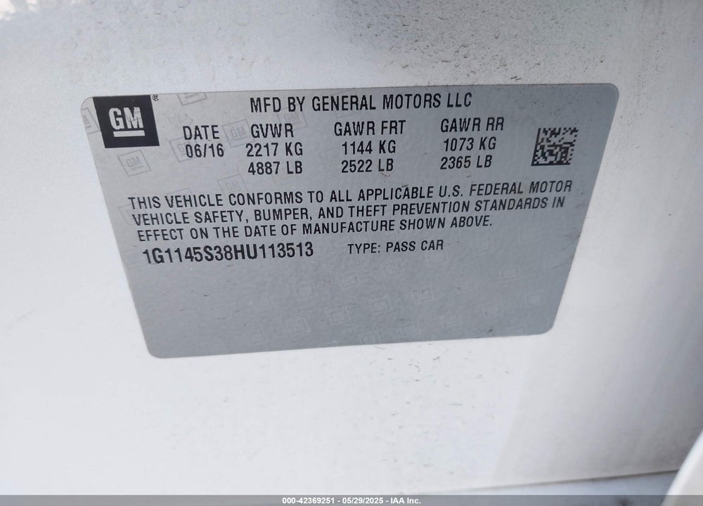 2017 CHEVROLET IMPALA VIN: 1G1145S38HU113513