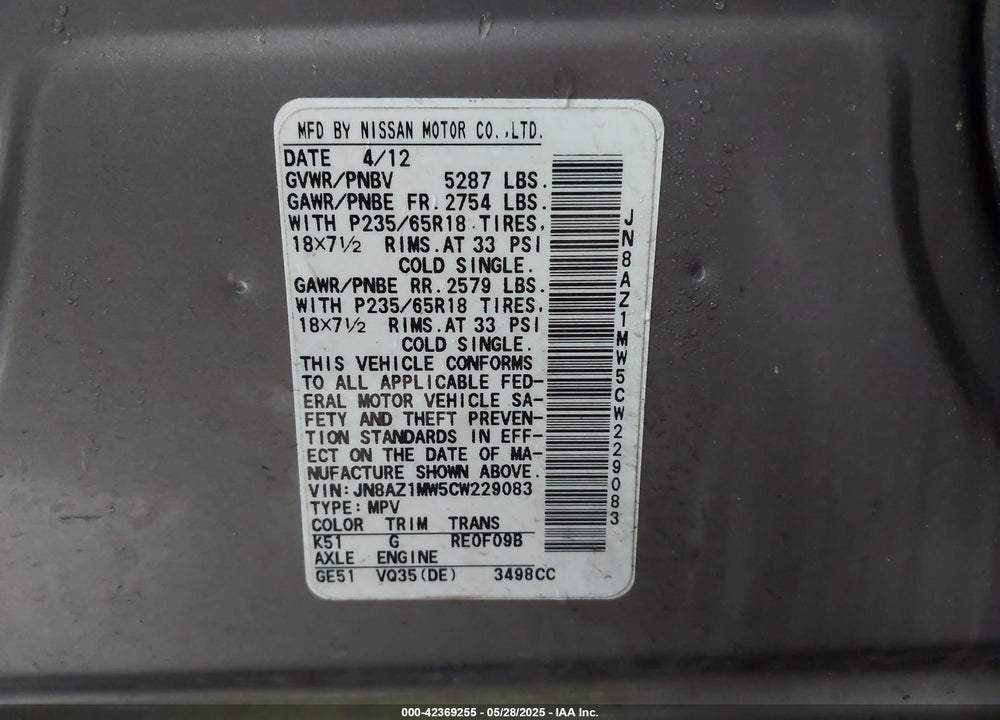 2012 NISSAN MURANO VIN: JN8AZ1MW5CW229083