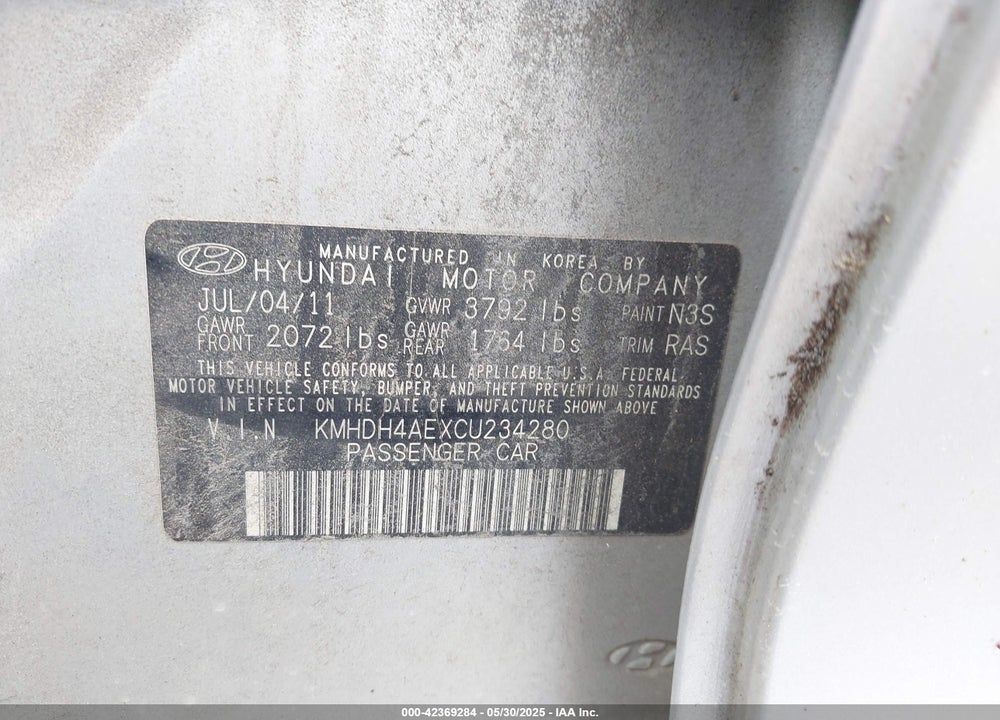 2012 HYUNDAI ELANTRA LIMITED (ULSAN PLANT) VIN: KMHDH4AEXCU234280